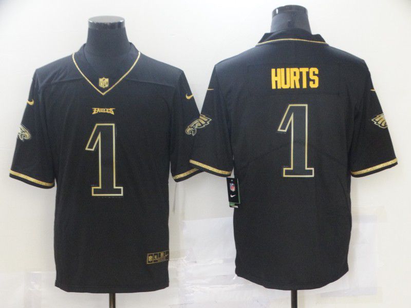 Men Philadelphia Eagles #1 Hurts Black Retro Gold Lettering 2021 Nike NFL Jersey